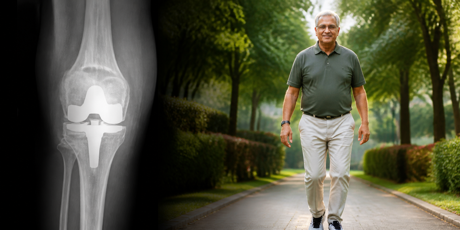 Complex knee replacement — X-ray of implant and patient walking after recovery