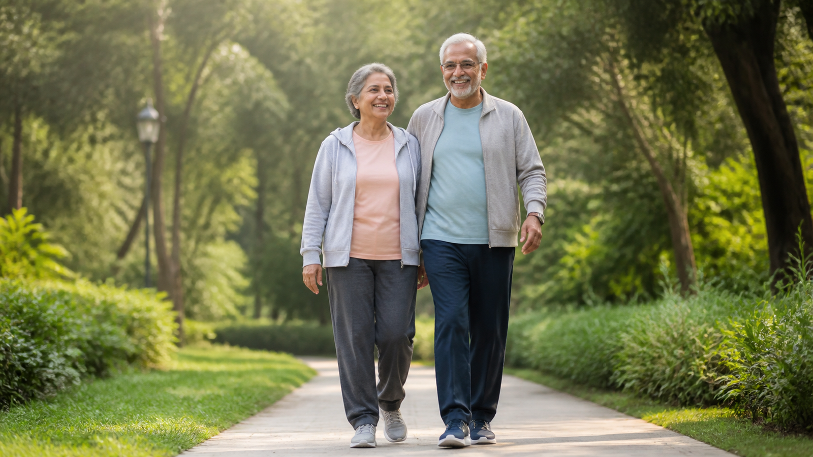 Elderly couple walking together in a park